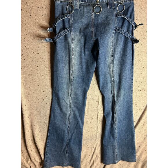 Vintage Y2K Younique Jeans Multifunktional Buckle Strap O-Ring Flare Denim Pants - Picture 8 of 8